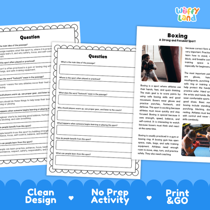 Boxing Sports Reading Passages and Comprehension Questions Worksheets