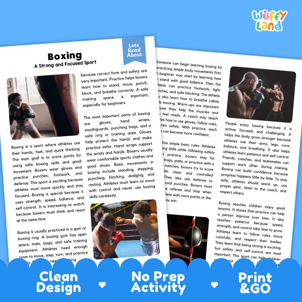 Boxing Sports Reading Passages and Comprehension Questions Worksheets