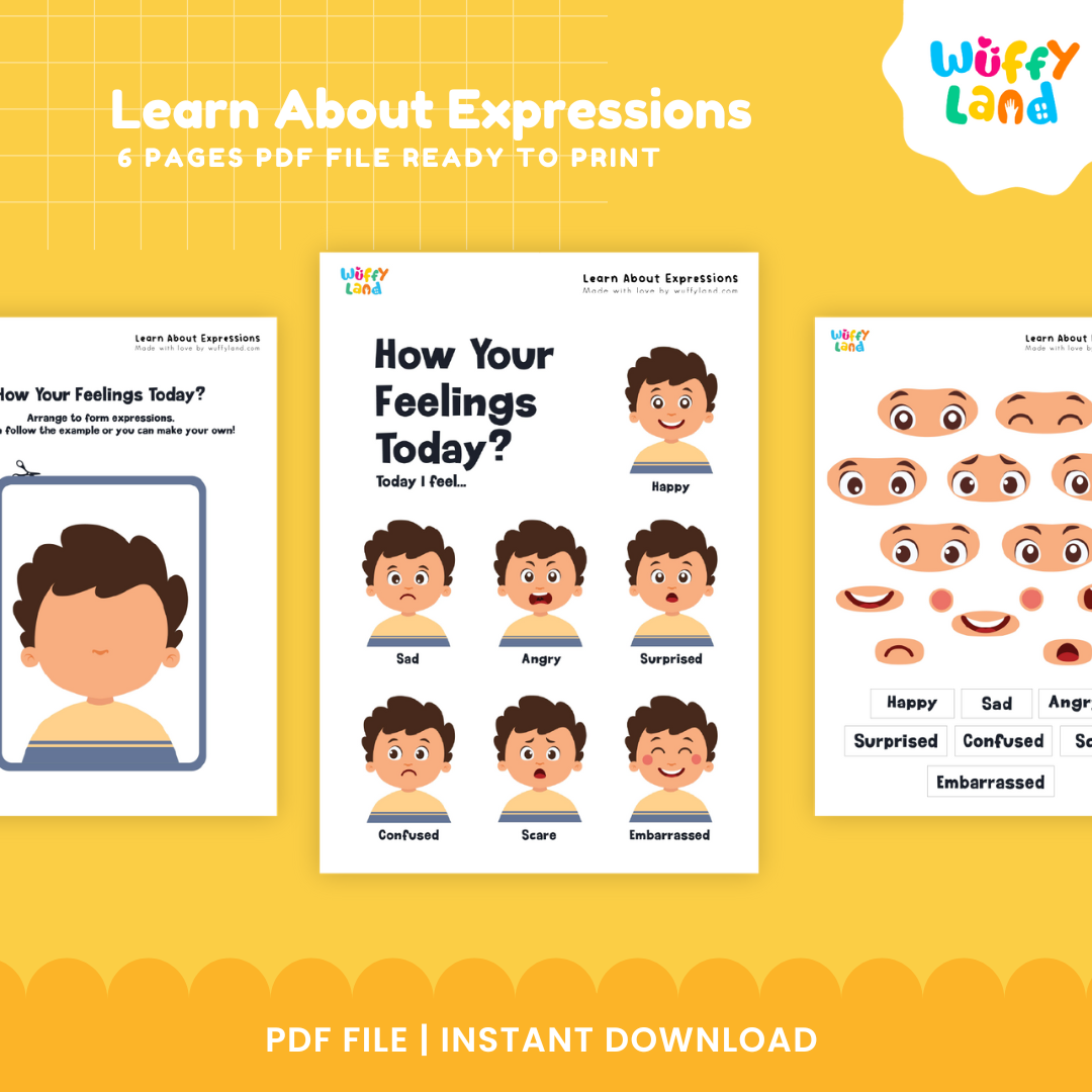 Printable character portrait cards showing boy and girl faces designed for matching interchangeable emotion cutouts 👧👦