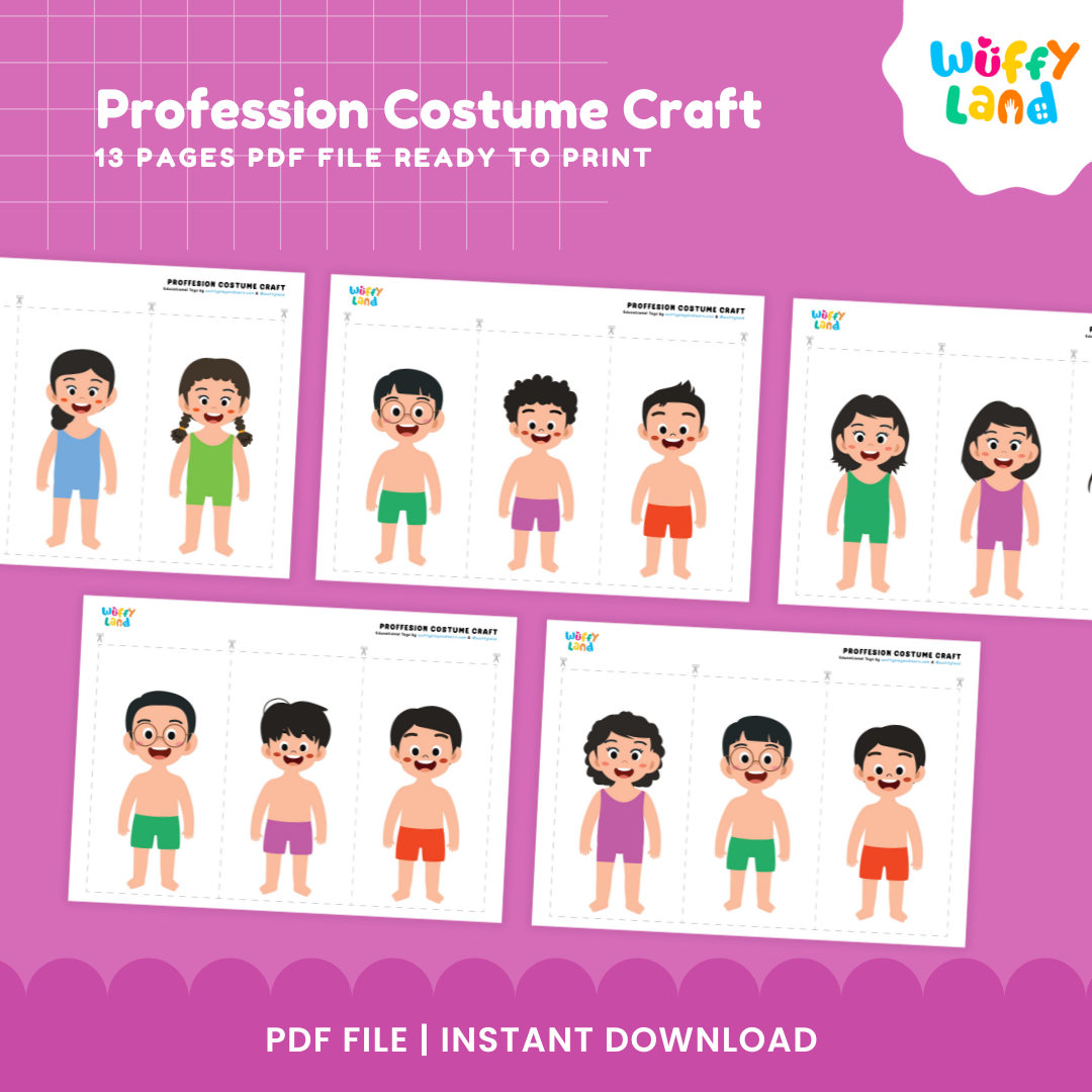 Printable boy and girl paper doll bases shown with a construction worker safety vest, helmet, and shoes for dress-up play 👷‍♂️🦺