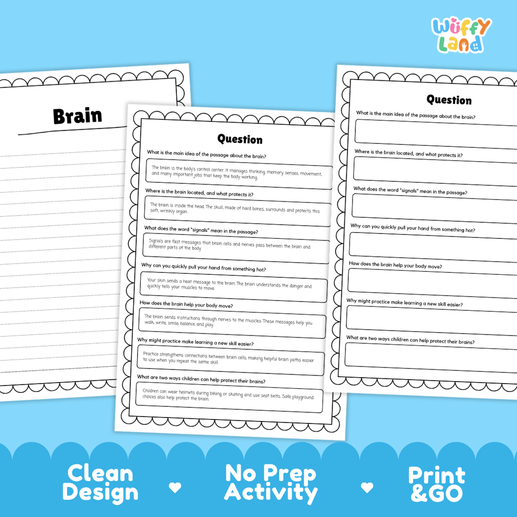Informational reading passage page detailing the human brain skull protection signals senses and safety habits with diagrams