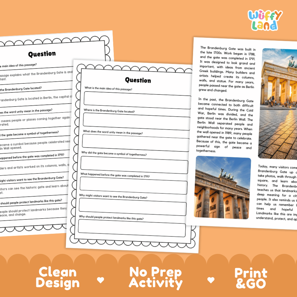 Brandenburg Gate Landmark Reading Passages and Comprehension Worksheets