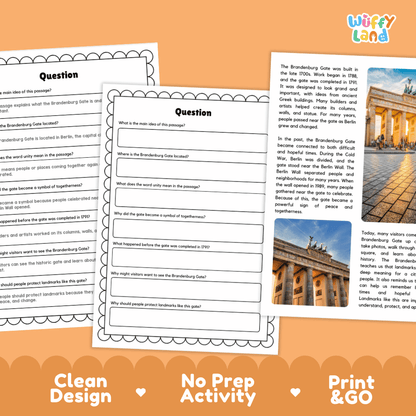 Brandenburg Gate Landmark Reading Passages and Comprehension Worksheets