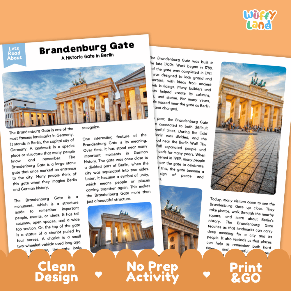 Brandenburg Gate Landmark Reading Passages and Comprehension Worksheets