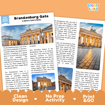 Brandenburg Gate Landmark Reading Passages and Comprehension Worksheets
