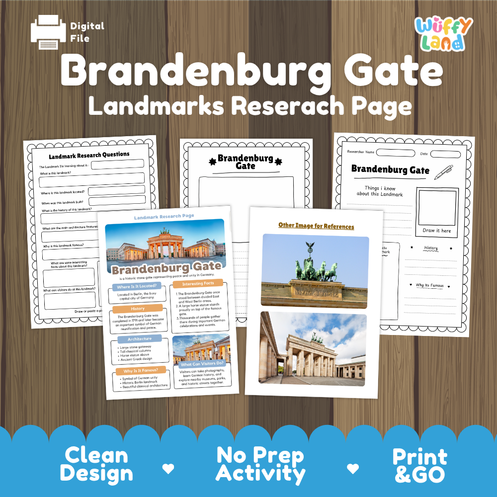Digital worksheet cover for a Brandenburg Gate landmarks research page, shown on a wood plank background with sample printable pages and a blue banner reading 'Clean Design', 'No Prep Activity', and 'Print & GO'.