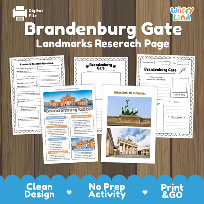 Digital worksheet cover for a Brandenburg Gate landmarks research page, shown on a wood plank background with sample printable pages and a blue banner reading 'Clean Design', 'No Prep Activity', and 'Print & GO'.