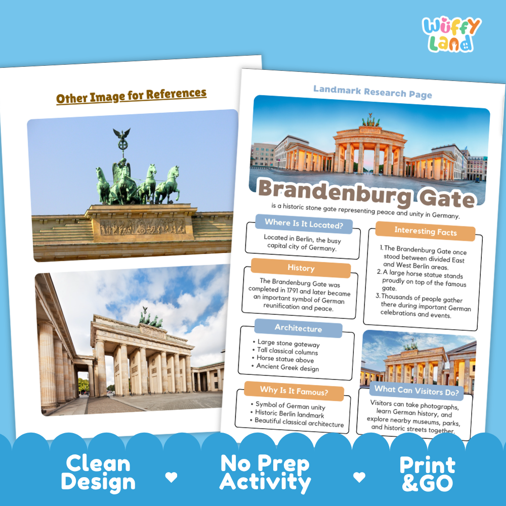 Two printed educational poster pages about Brandenburg Gate displayed on a blue background. The pages include a large photo of the gate, the title 'Brandenburg Gate,' descriptive text blocks, and a footer banner reading 'Other Image for References,' 'Landmark Research Page,' 'No Prep GO,' and 'Print & GO.