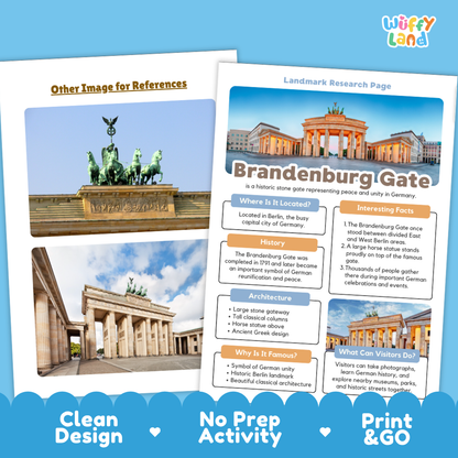 Two printed educational poster pages about Brandenburg Gate displayed on a blue background. The pages include a large photo of the gate, the title 'Brandenburg Gate,' descriptive text blocks, and a footer banner reading 'Other Image for References,' 'Landmark Research Page,' 'No Prep GO,' and 'Print & GO.