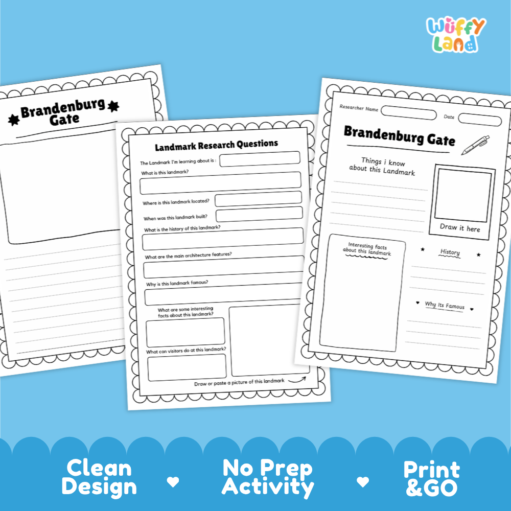 Three printable worksheet pages about Brandenburg Gate displayed on a bright blue background with decorative text reading 'Clean Design', 'No Prep Activity', and 'Print & GO'. The worksheets are white with black outlines and text, and the brand name 'Wiffy Land' appears in the top right.
