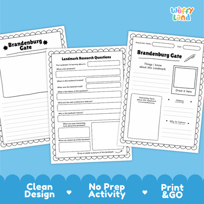 Three printable worksheet pages about Brandenburg Gate displayed on a bright blue background with decorative text reading 'Clean Design', 'No Prep Activity', and 'Print & GO'. The worksheets are white with black outlines and text, and the brand name 'Wiffy Land' appears in the top right.