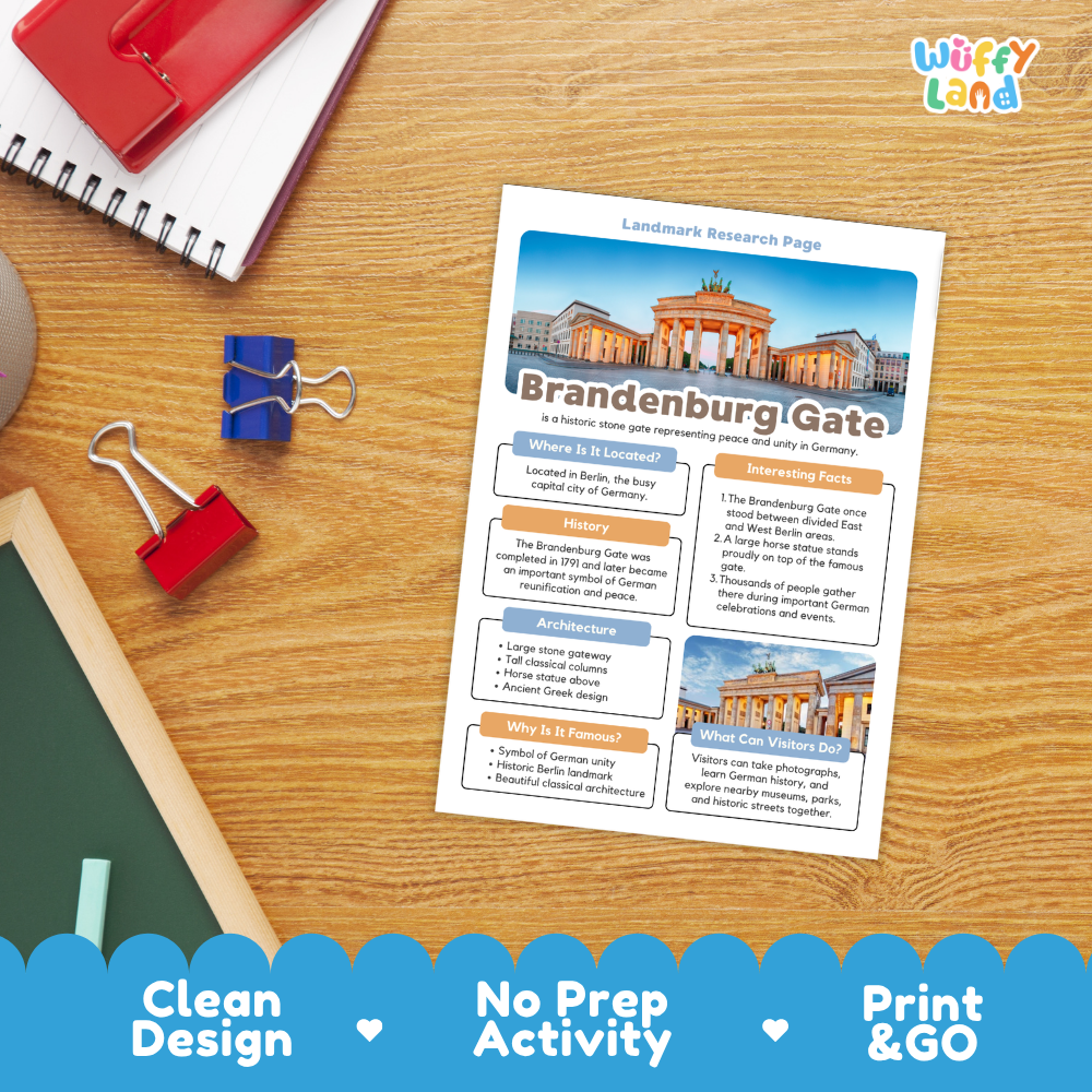 A printed educational research page about the Brandenburg Gate laid on a wooden desk, surrounded by school supplies including a spiral notebook, binder clips, a pencil, and a chalkboard. The page has colorful text blocks and building photos.