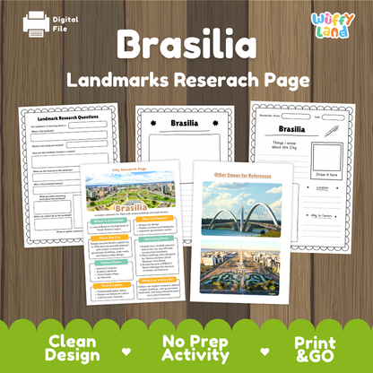 Digital product preview for a 'Brasilia Landmarks Research Page' activity sheet set, displayed on a wood-grain background with a green scalloped banner at the bottom. The sheets feature images of Brasilia's landmarks, including the Monumento a los Ríos bridges and the Plaza de los Ríos, along with text fields for research questions and notes.