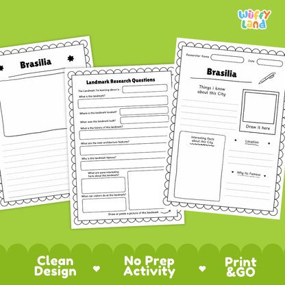 Three printable worksheet pages about Brasilia arranged on a bright green background with the brand name Wiffy Land in the top right. The pages are white with black outlines and text, featuring activity sections, a map drawing box, and a 'Why to Know This City' note.
