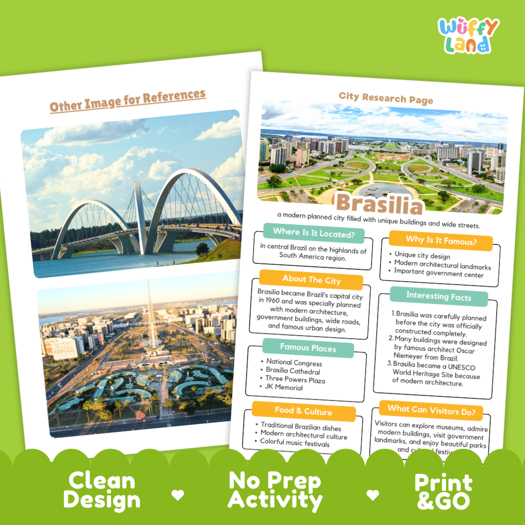 Two printed educational activity sheets about Brasilia, Brazil, shown on a bright green background with the text 'Other Image for References' and 'City Research Page.' The sheets feature a clean layout with headings, paragraphs, maps, and photos of bridges and the city skyline.