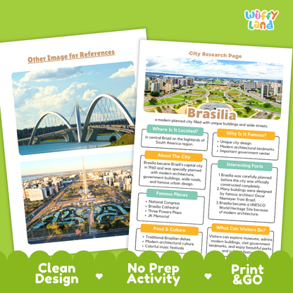 Two printed educational activity sheets about Brasilia, Brazil, shown on a bright green background with the text 'Other Image for References' and 'City Research Page.' The sheets feature a clean layout with headings, paragraphs, maps, and photos of bridges and the city skyline.