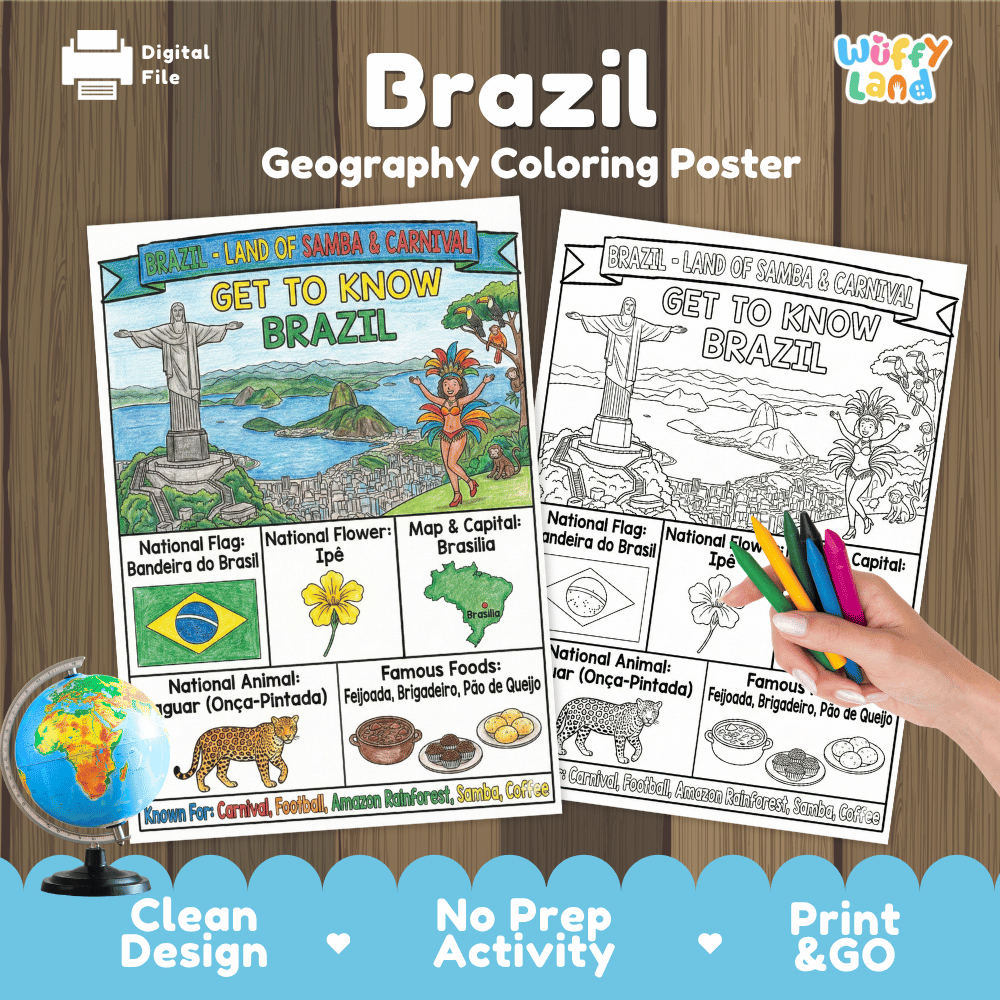 Brazil Geography Coloring Poster and Fact Sheet Printables