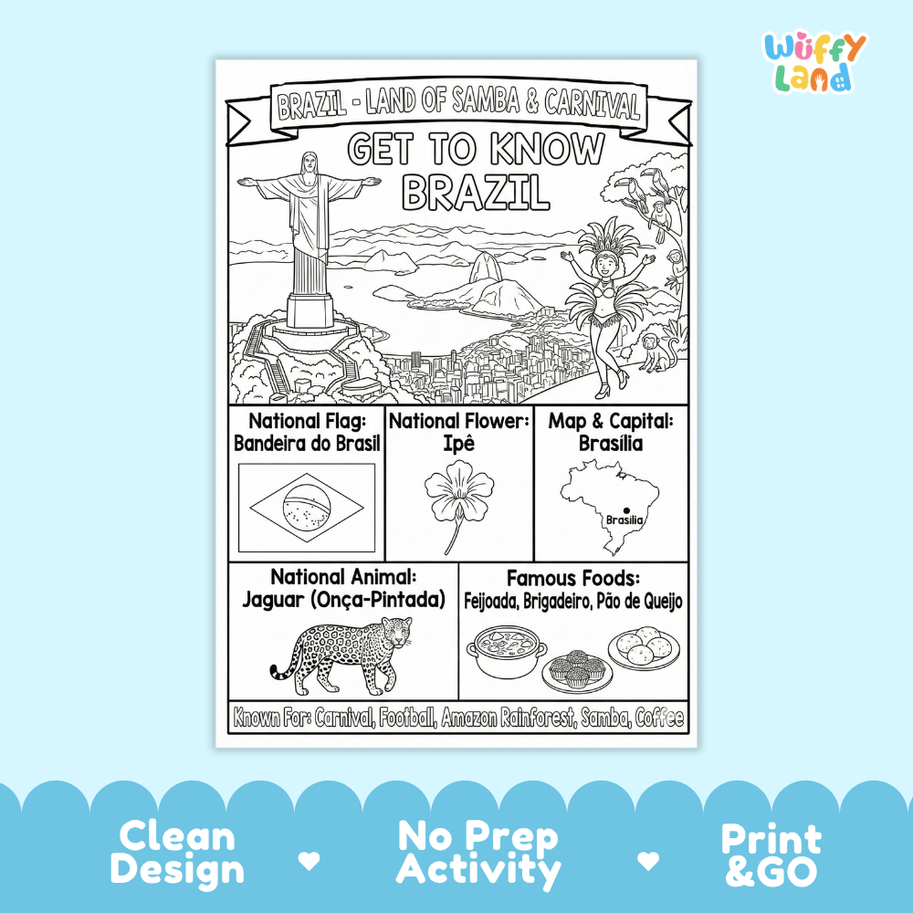 Brazil Geography Coloring Poster and Fact Sheet Printables