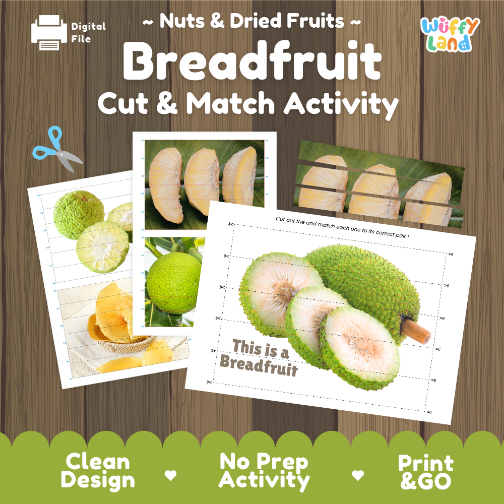 Breadfruit cut and match activity cover showing printable fine motor puzzle sheets and fruit photographs