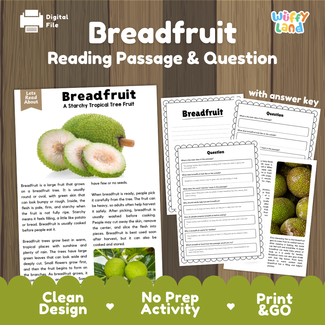 Breadfruit reading comprehension passage and questions printable activity pack with answer key for elementary students