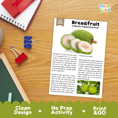 Student reading comprehension worksheet with short-answer questions and lined sections about the breadfruit