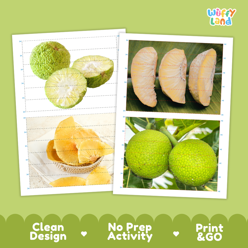 Printable activity sheets featuring photographic breadfruit puzzle boards and cutting guides