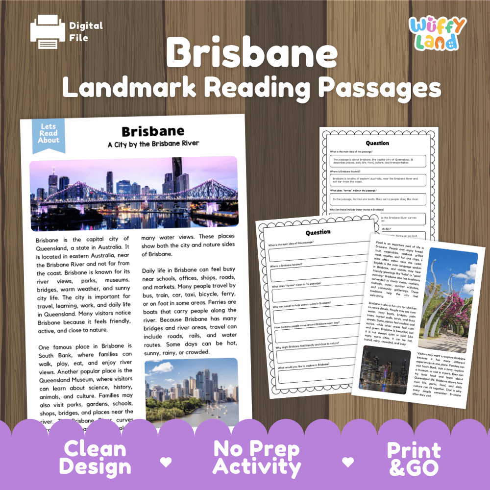 Brisbane landmark reading passage and comprehension worksheet educational unit featuring nonfiction text and authentic Brisbane Story Bridge night photography