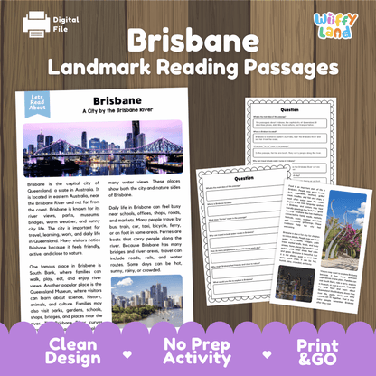Brisbane landmark reading passage and comprehension worksheet educational unit featuring nonfiction text and authentic Brisbane Story Bridge night photography