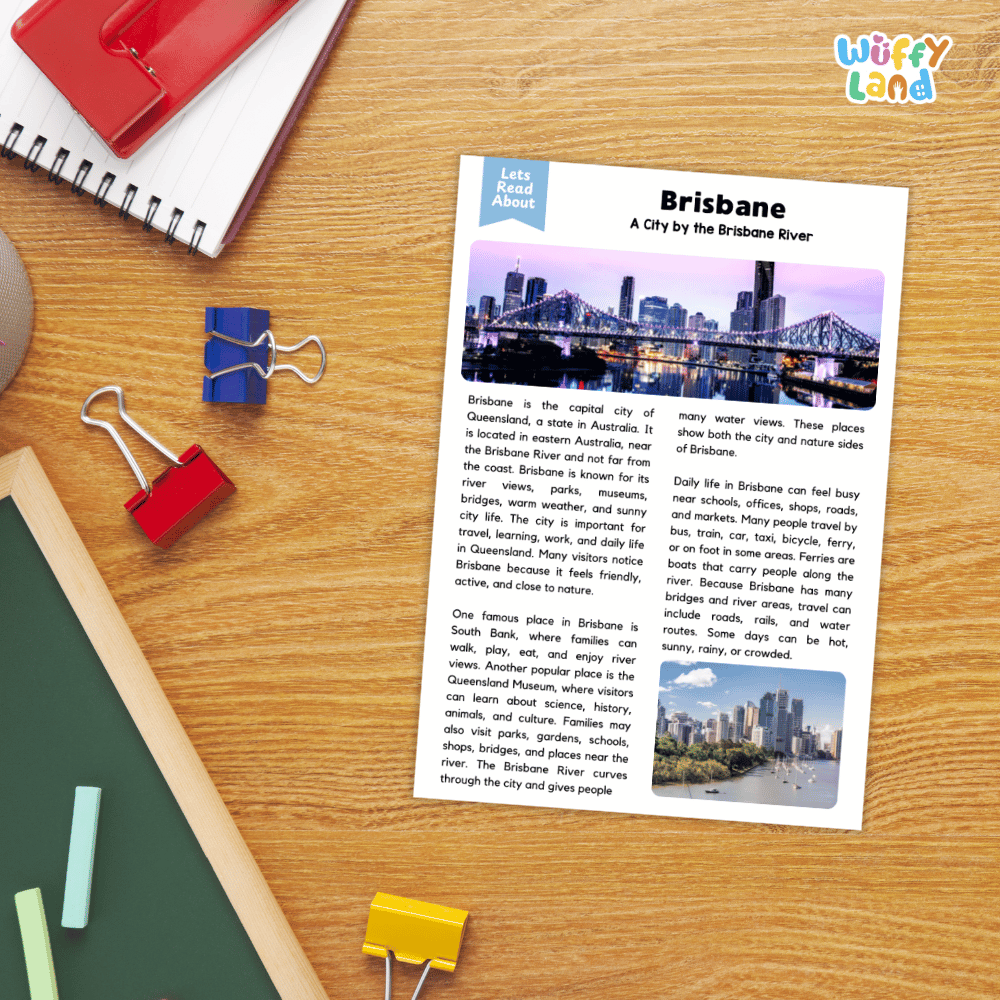 Lined reading comprehension question worksheet covering main ideas vocabulary terms and landmark facts about Brisbane Queensland Australia