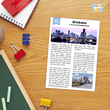 Lined reading comprehension question worksheet covering main ideas vocabulary terms and landmark facts about Brisbane Queensland Australia