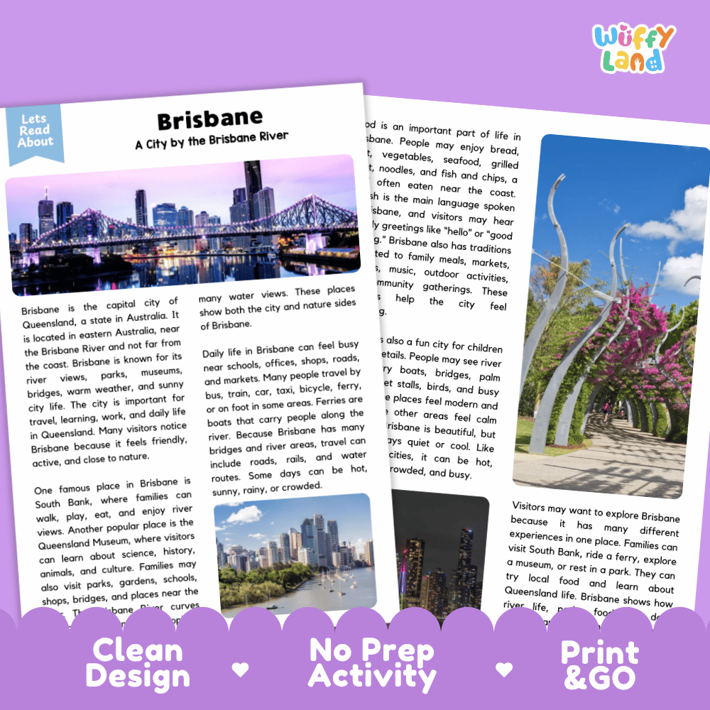 Reference sheet and answer key for Brisbane landmark reading passage displaying completed comprehension answers and Australian geography facts
