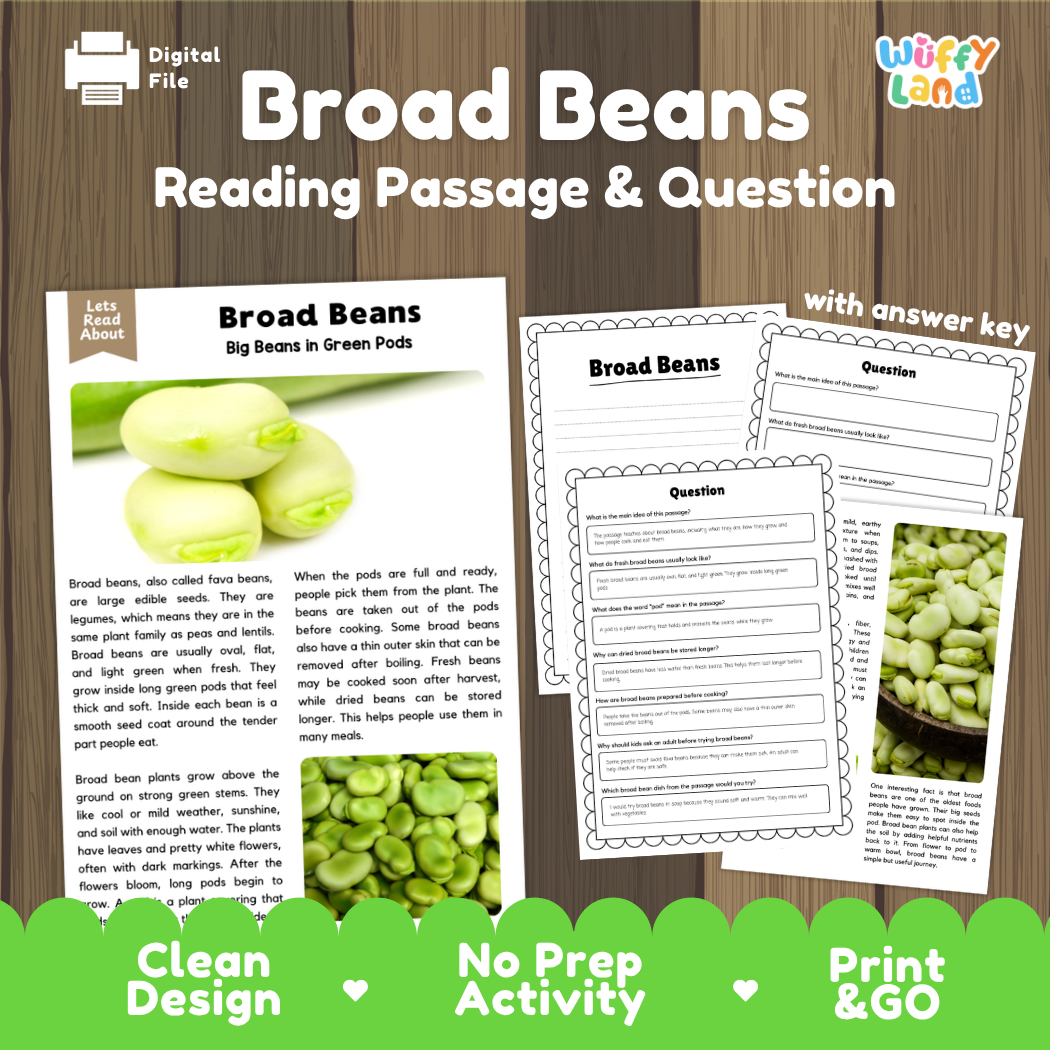 Broad Beans Reading Passage and Comprehension Questions Worksheets with Answer Key
