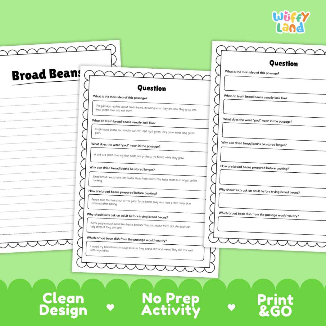 Broad Beans Reading Passage and Comprehension Questions Worksheets with Answer Key