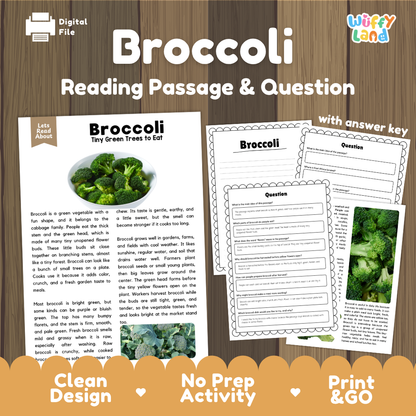Broccoli reading comprehension passage and questions printable activity pack with answer key for elementary students