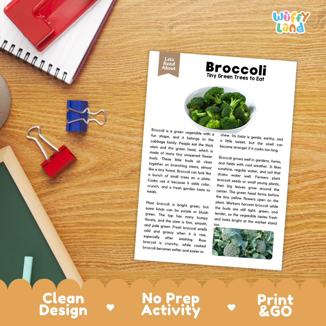 Student reading comprehension worksheet with short-answer questions and lined sections about broccoli vegetables