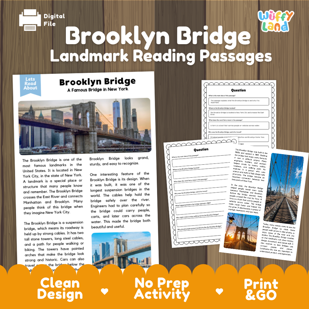 Brooklyn Bridge Landmark Reading Passages and Comprehension Questions Worksheets