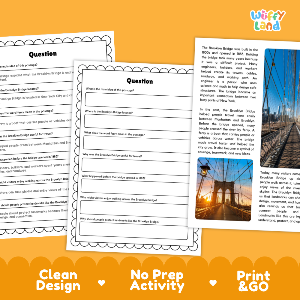 Three printable educational worksheet pages about the Brooklyn Bridge are shown on an orange background with promotional text reading 'Clean Design,' 'No Prep Activity,' and 'Print & GO.' The pages include a title, multiple-choice and short-answer questions, and a small bridge photo.
