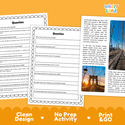 Three printable educational worksheet pages about the Brooklyn Bridge are shown on an orange background with promotional text reading 'Clean Design,' 'No Prep Activity,' and 'Print & GO.' The pages include a title, multiple-choice and short-answer questions, and a small bridge photo.