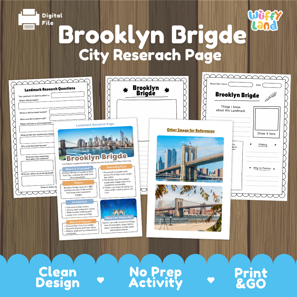 Brooklyn Bridge City Research Page digital download activity sheet set on a wood background, featuring multiple printable pages with text fields, photos of the bridge, and informational panels. The brand logo 'Wiffy Land' is visible in the top right.