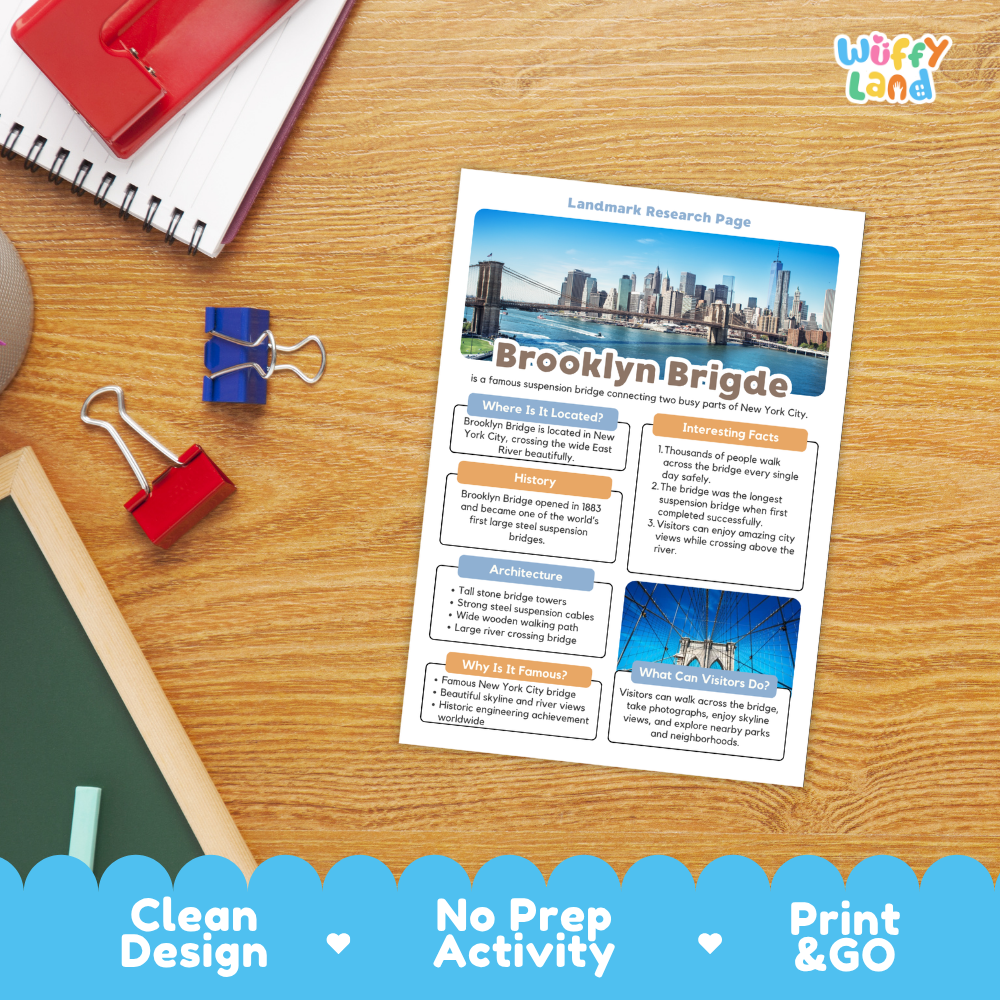 A printed Brooklyn Bridge landmark research page laid on a wooden desk, surrounded by school supplies including a spiral notebook, binder clips, and a red folder. The page has a colorful city photo and text sections about the bridge.