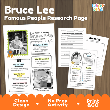 Bruce Lee biography research worksheets pack featuring graphic organizers, timeline activity, and student writing template