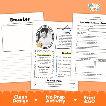 Great People in History student fact profile card detailing Bruce Lee's birthplace, martial arts career, and movie achievements