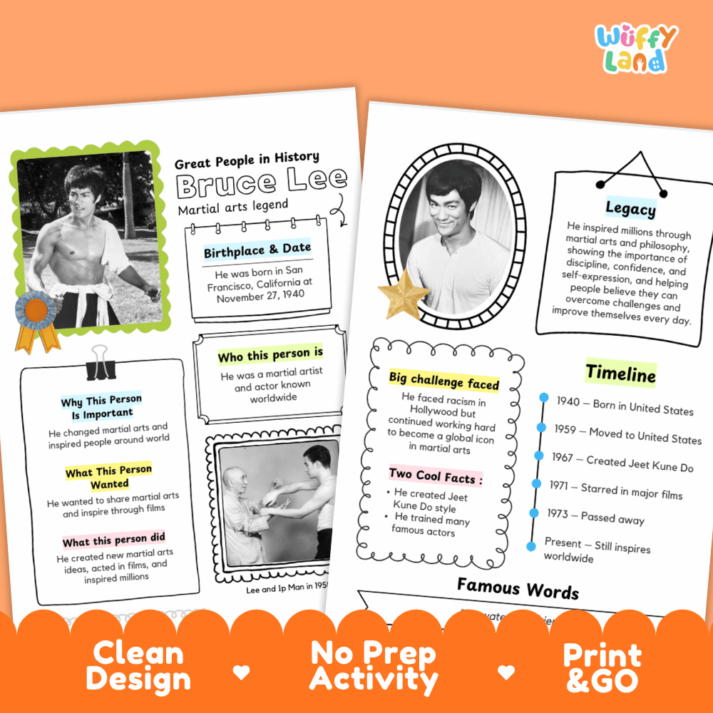 Educational biography summary worksheet featuring a chronological timeline, famous quote, and lined student writing page