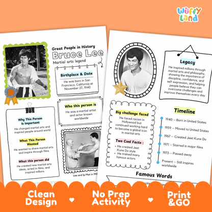 Educational biography summary worksheet featuring a chronological timeline, famous quote, and lined student writing page