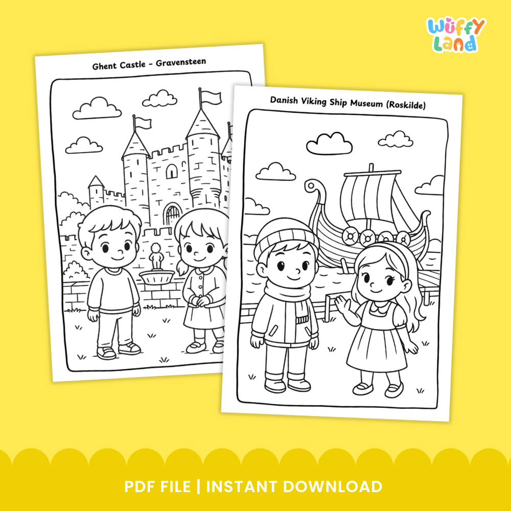 Belgium geography coloring sheet showing children standing by a stone bridge with medieval canal houses in Bruges