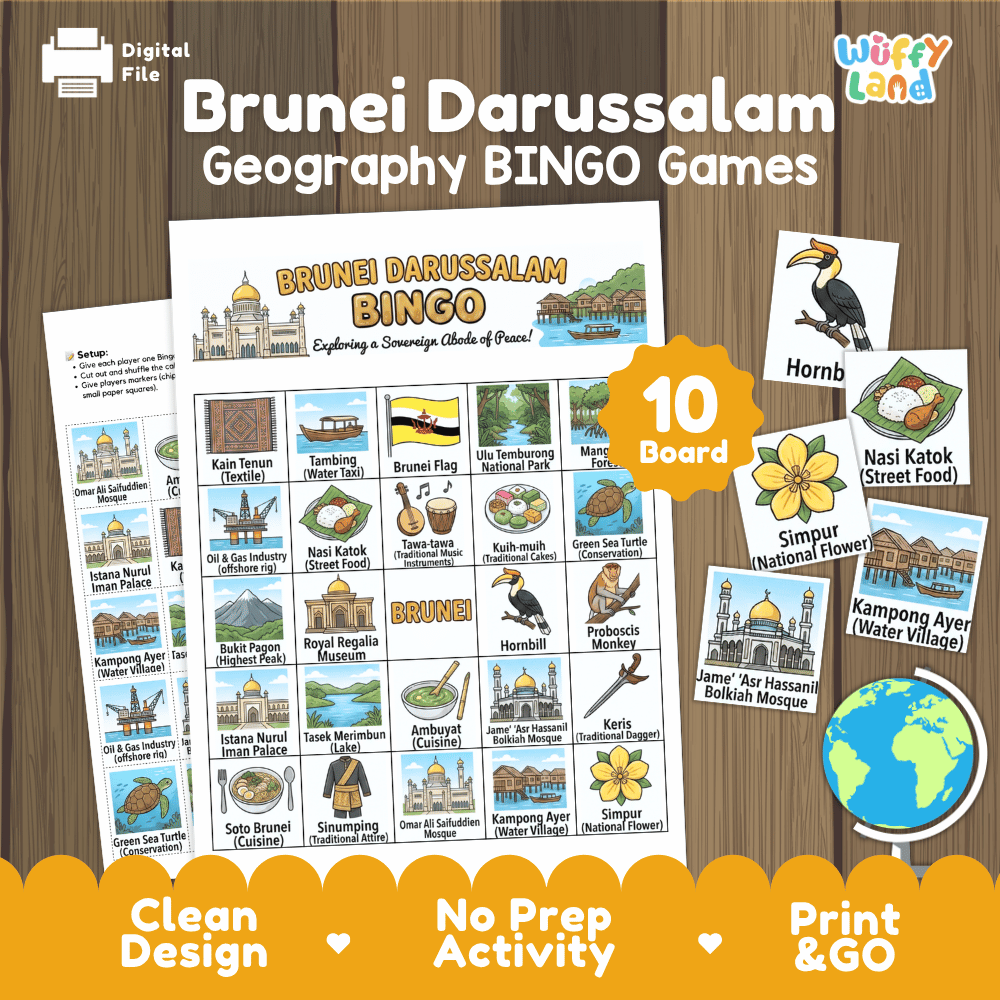 Classroom educational Bingo game cards featuring Kampong Ayer stilt village, Jame' Asr Hassanil Bolkiah Mosque, Hornbill, and Nasi Katok 🎲🥣