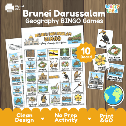 Classroom educational Bingo game cards featuring Kampong Ayer stilt village, Jame' Asr Hassanil Bolkiah Mosque, Hornbill, and Nasi Katok 🎲🥣