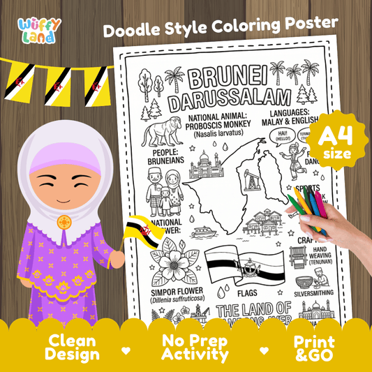 Brunei Darussalam country study doodle style coloring poster printable page featuring map, mosque, and cultural symbols