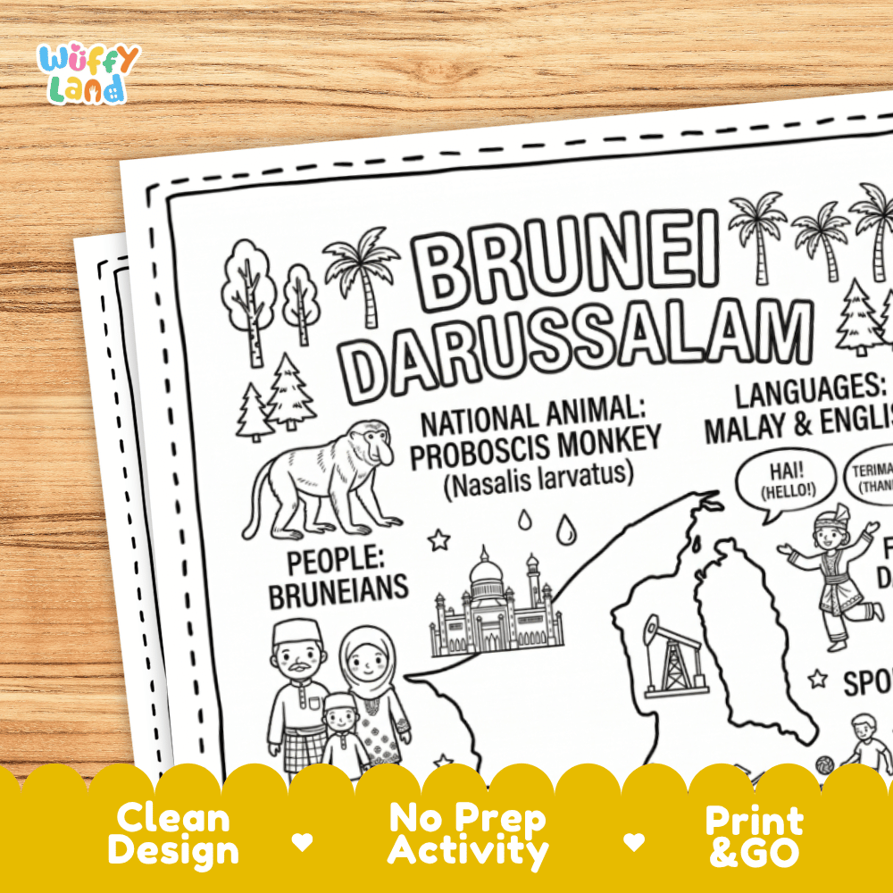 Cultural coloring page featuring traditional Bruneian Malay dress, hand weaving tenunan, silversmithing, and greeting speech bubbles