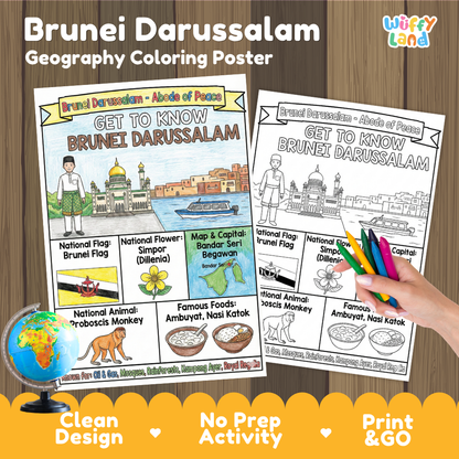 Get to know Brunei Darussalam coloring poster paired with photo flashcards of Istana Nurul Iman, Ambuyat, and Sultan Omar Ali Saifuddien Mosque
